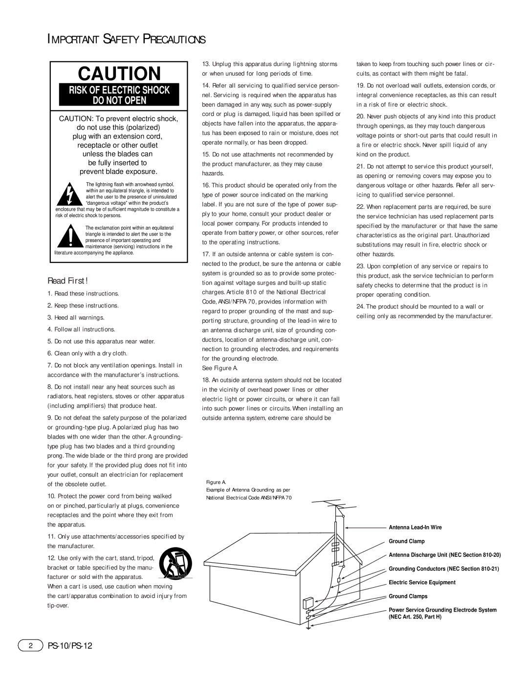 Infiniti manual Important Safety Precautions, Read First, PS-10/PS-12 