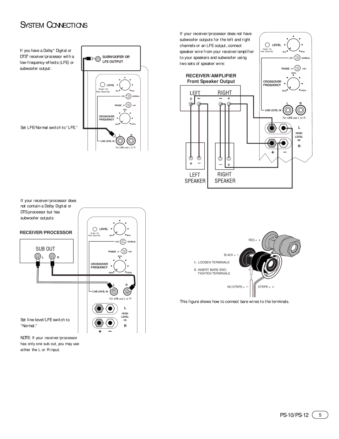 Infiniti PS-10, PS-12 manual System Connections, Set LFE/Normal switch to LFE, Set line-level/LFE switch to Normal 