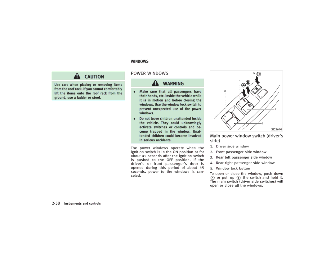 Infiniti S51-D owner manual Power Windows, Main power window switch driver’s side 