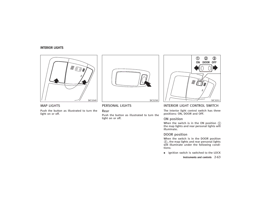 Infiniti S51-D owner manual MAP Lights, Personal Lights, Interior Light Control Switch, On position, Door position 