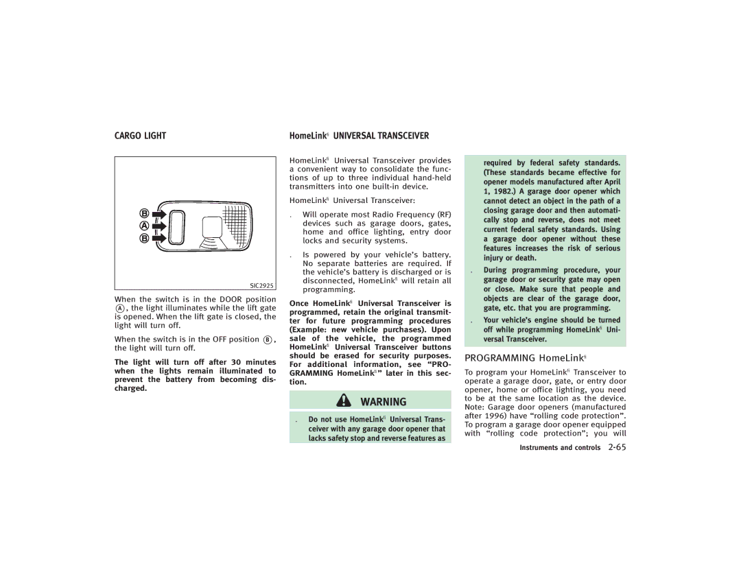 Infiniti S51-D owner manual Programming HomeLink, Cargo Light 