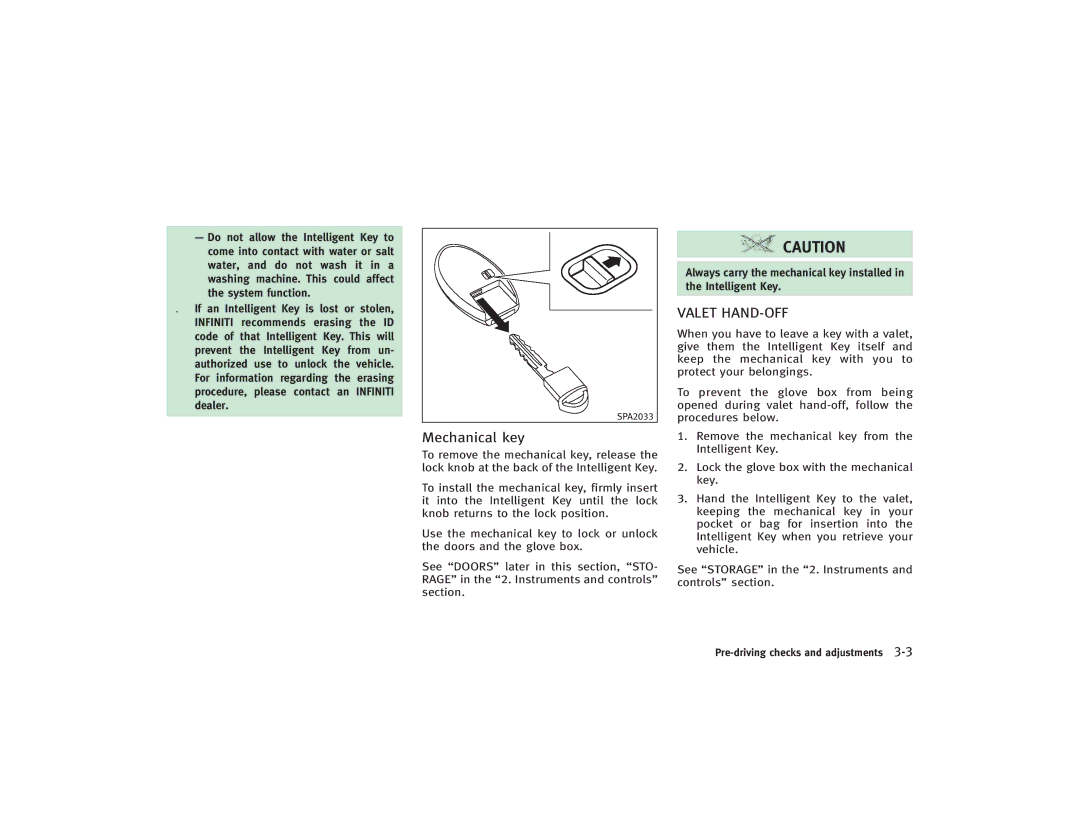 Infiniti S51-D owner manual Mechanical key, Valet HAND-OFF 