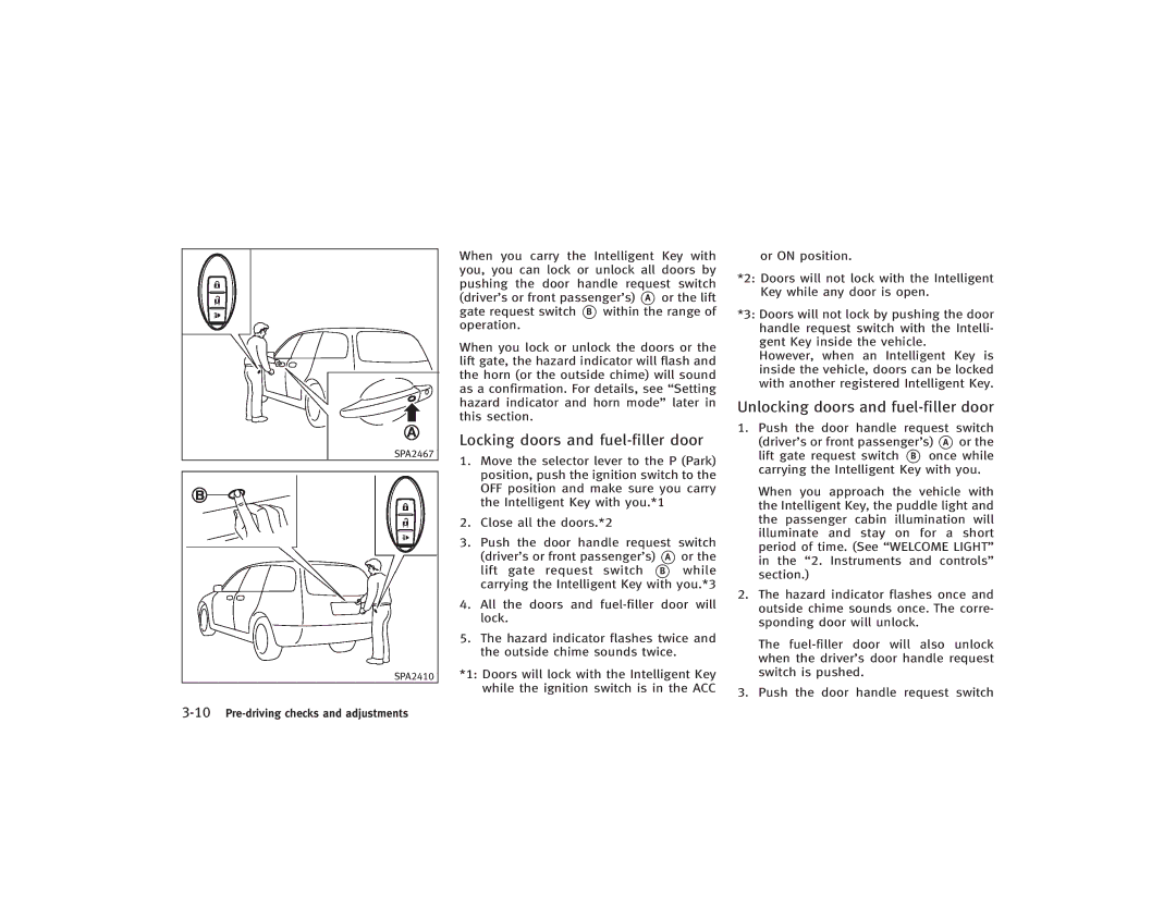 Infiniti S51-D owner manual Locking doors and fuel-filler door, Unlocking doors and fuel-filler door 