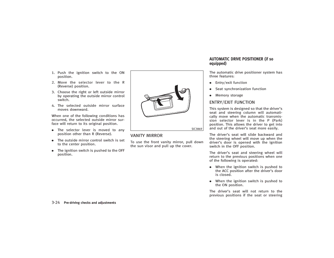 Infiniti S51-D owner manual Vanity Mirror, ENTRY/EXIT Function 