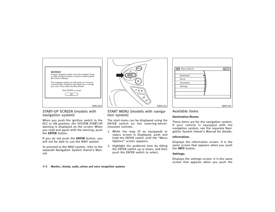 Infiniti S51-D START-UP Screen models with navigation system, Start Menu models with naviga- tion system, Available items 