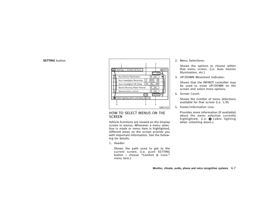 Infiniti S51-D owner manual HOW to Select Menus on Screen, Setting button 