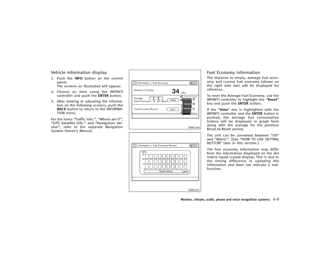 Infiniti S51-D owner manual Vehicle information display, Fuel Economy information 