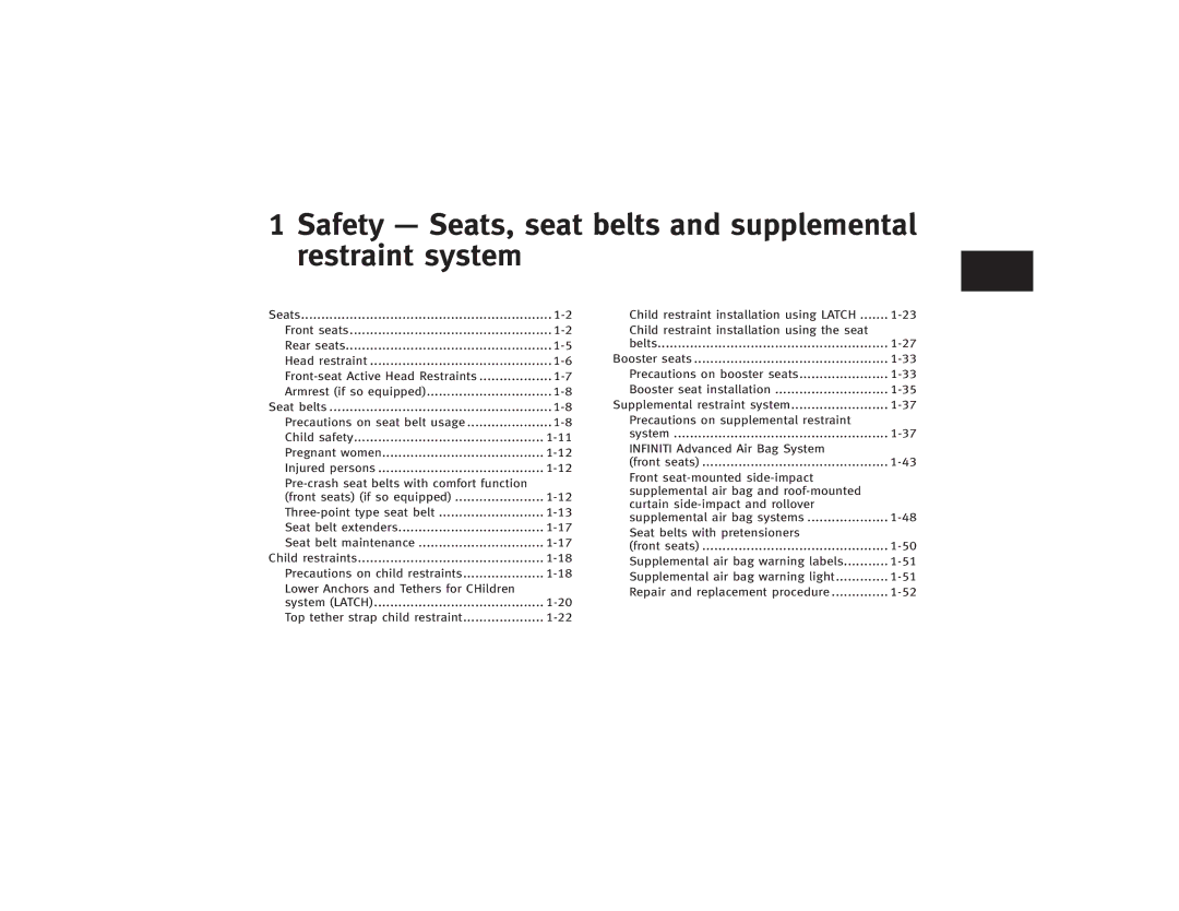 Infiniti S51-D owner manual Safety Seats, seat belts and supplemental restraint system 