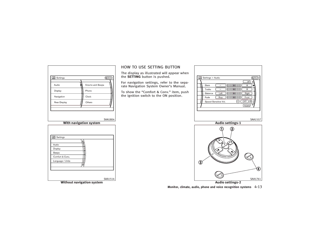 Infiniti S51-D owner manual HOW to USE Setting Button, Audio settings-1, Audio settings-2 