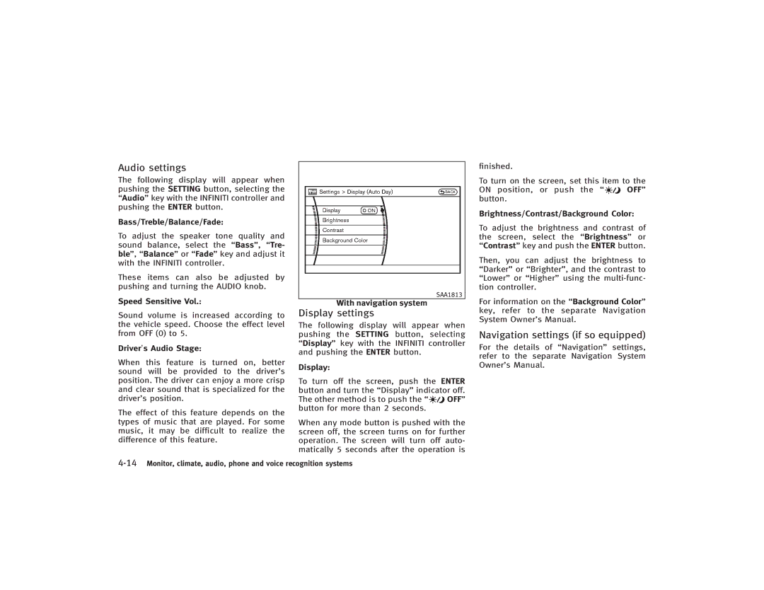 Infiniti S51-D owner manual Audio settings, Display settings, Navigation settings if so equipped 