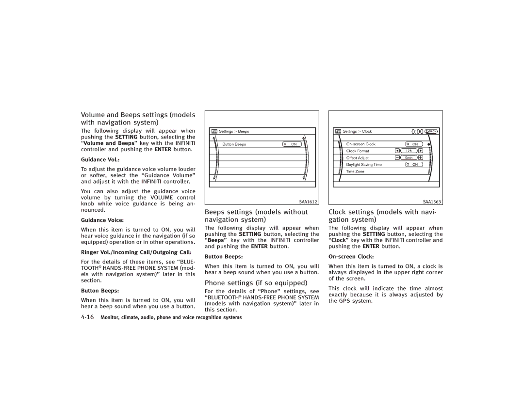 Infiniti S51-D Volume and Beeps settings models with navigation system, Beeps settings models without navigation system 