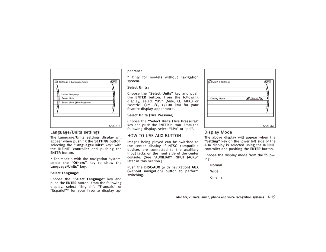 Infiniti S51-D owner manual Language/Units settings, HOW to USE AUX Button, Display Mode 