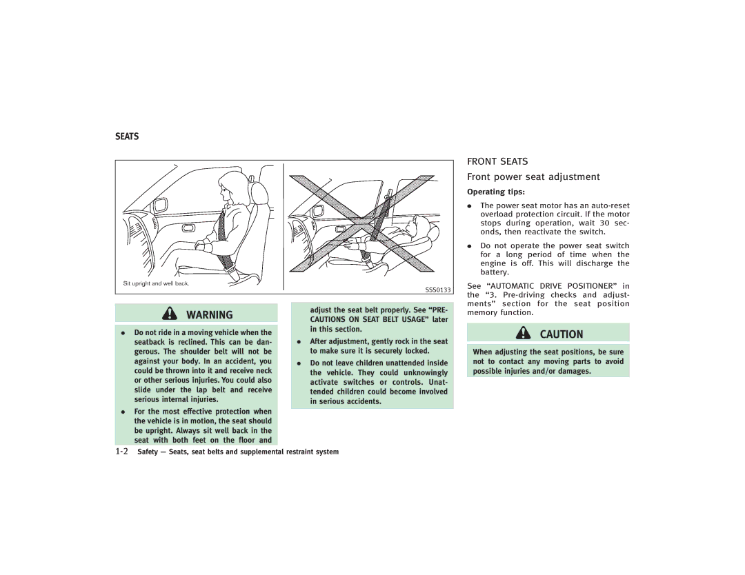 Infiniti S51-D owner manual Front Seats, Front power seat adjustment, Memory function 