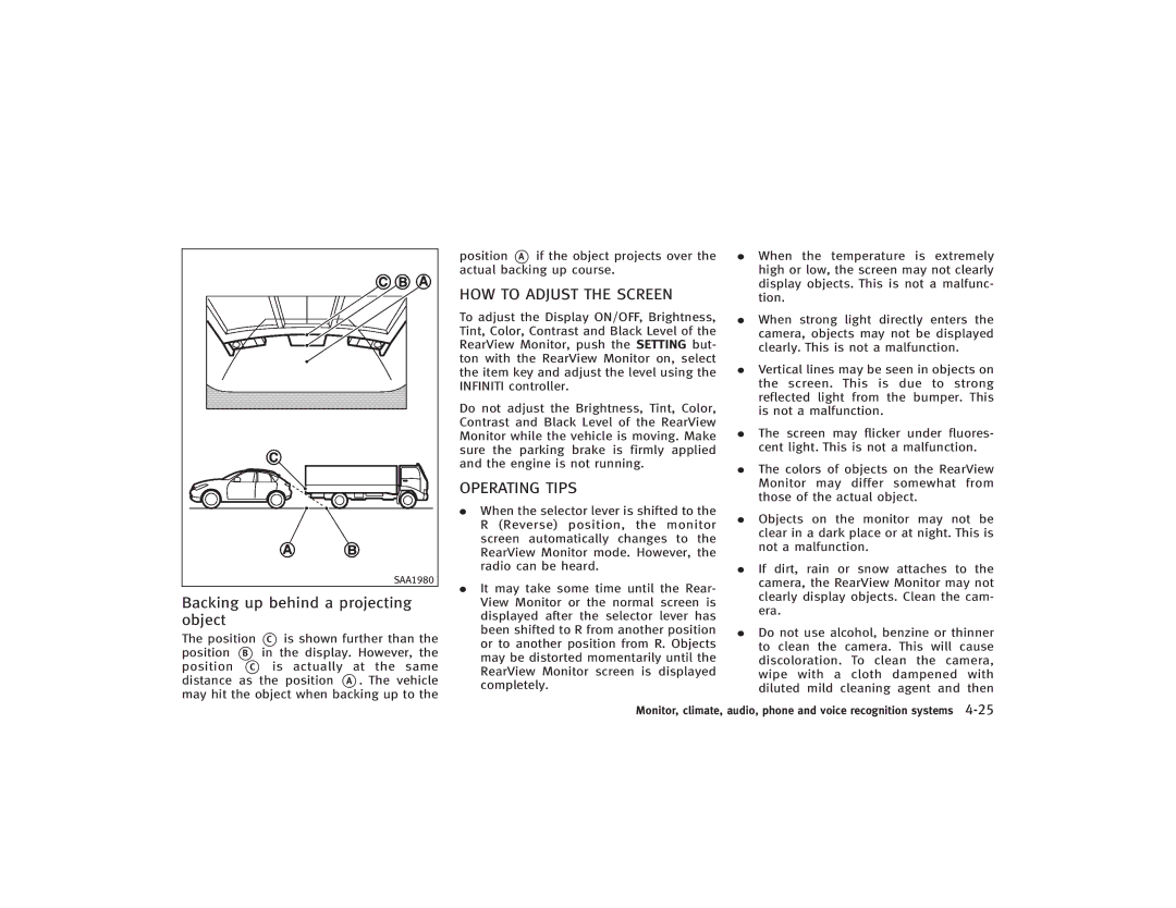 Infiniti S51-D owner manual Backing up behind a projecting object, HOW to Adjust the Screen, Operating Tips 