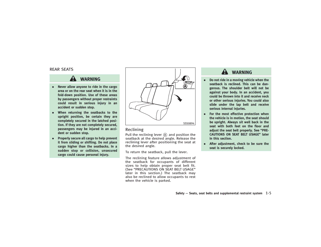 Infiniti S51-D owner manual Rear Seats, Reclining 