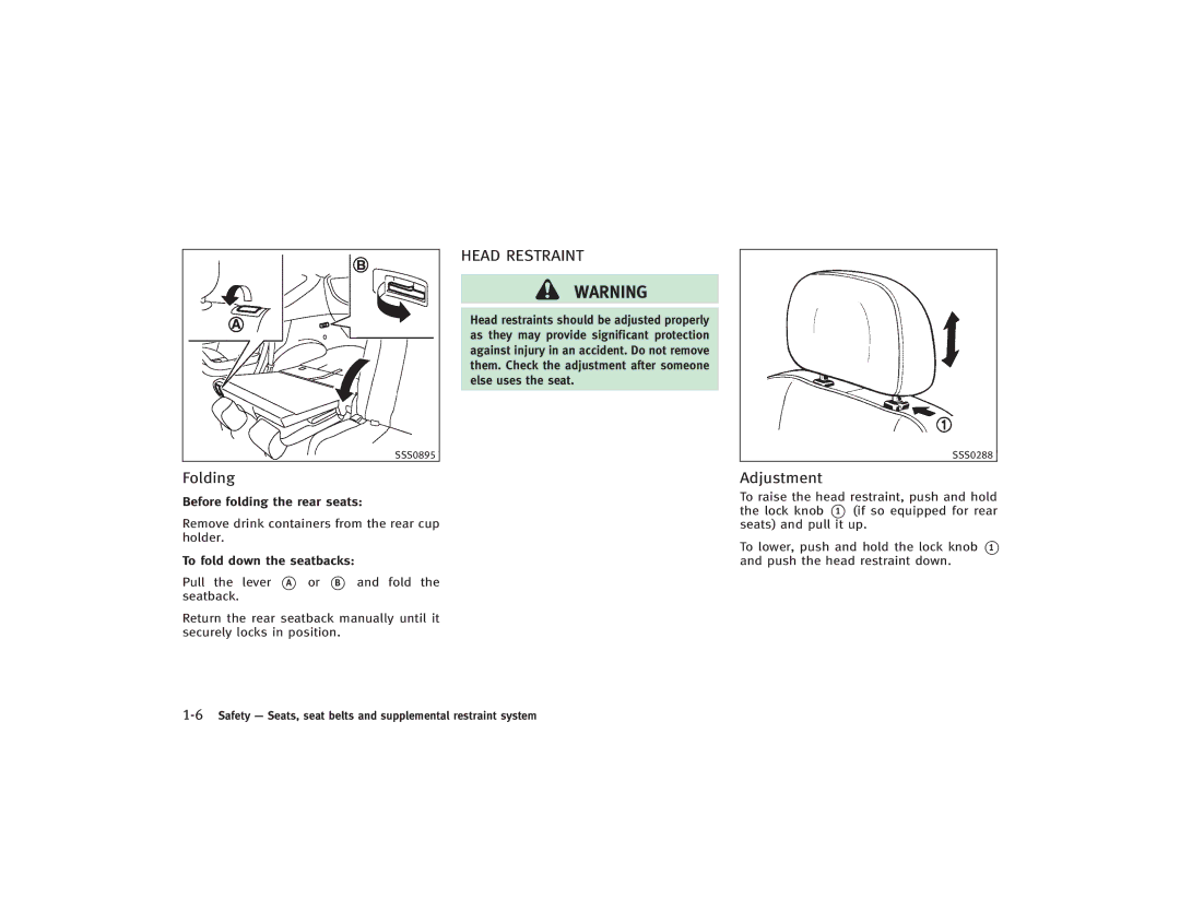 Infiniti S51-D owner manual Folding, Head Restraint, Adjustment 