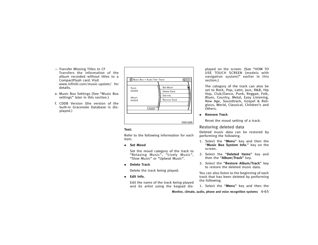 Infiniti S51-D owner manual Restoring deleted data, Reset the mood setting of a track 