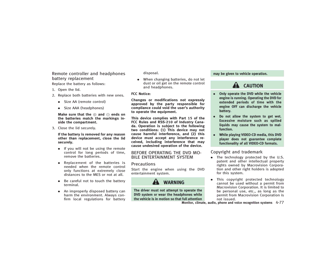 Infiniti S51-D Remote controller and headphones battery replacement, Before Operating the DVD MO, Copyright and trademark 