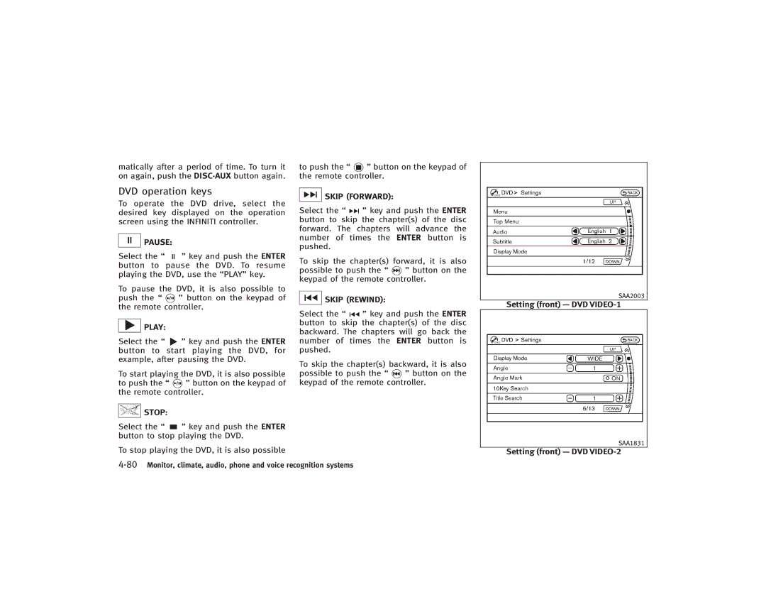 Infiniti S51-D owner manual DVD operation keys, Pause, Skip Forward, Skip Rewind 