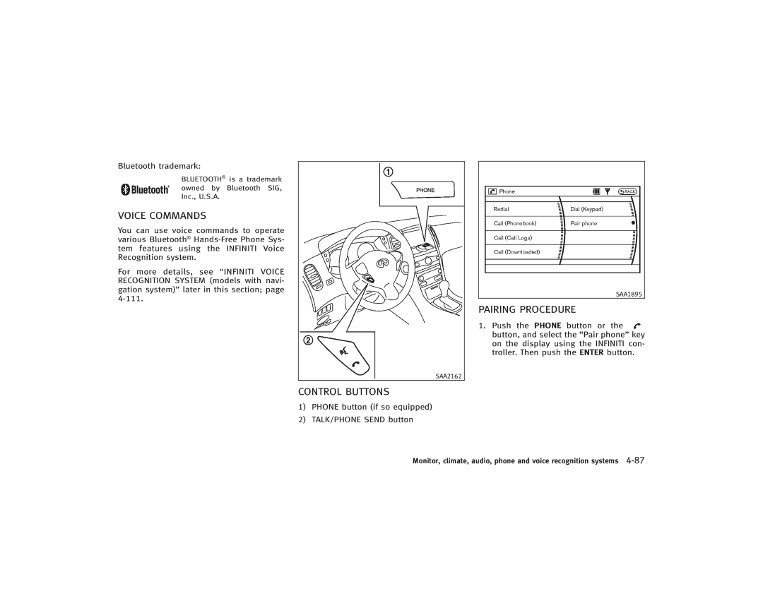 Infiniti S51-D owner manual Voice Commands, Control Buttons, Pairing Procedure, Bluetooth trademark 