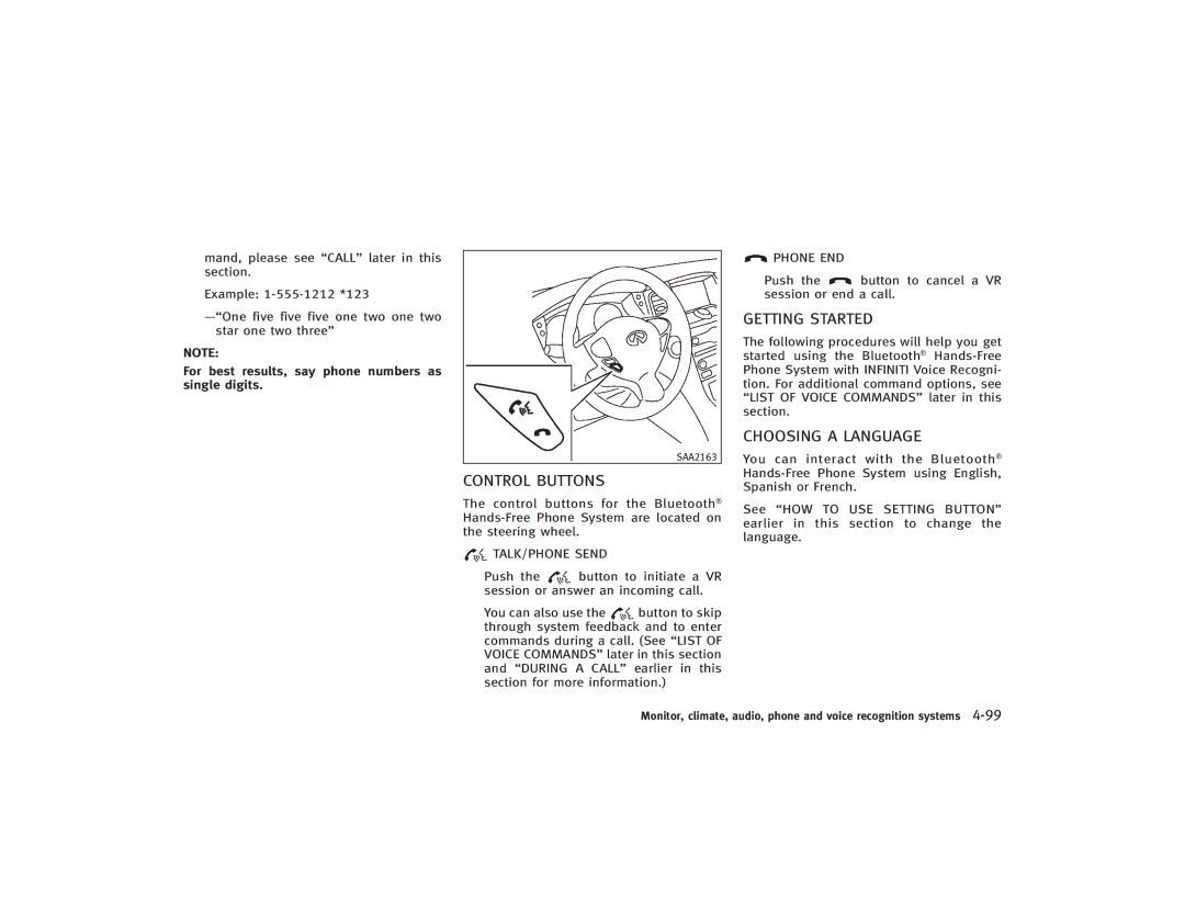 Infiniti S51-D owner manual Getting Started, Choosing a Language, TALK/PHONE Send, Phone END 