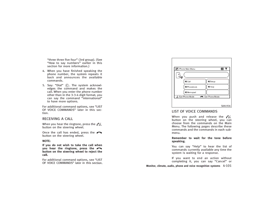 Infiniti S51-D owner manual Receiving a Call, List of Voice Commands 