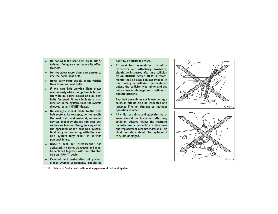 Infiniti S51-D owner manual 10Safety Seats, seat belts and supplemental restraint system 