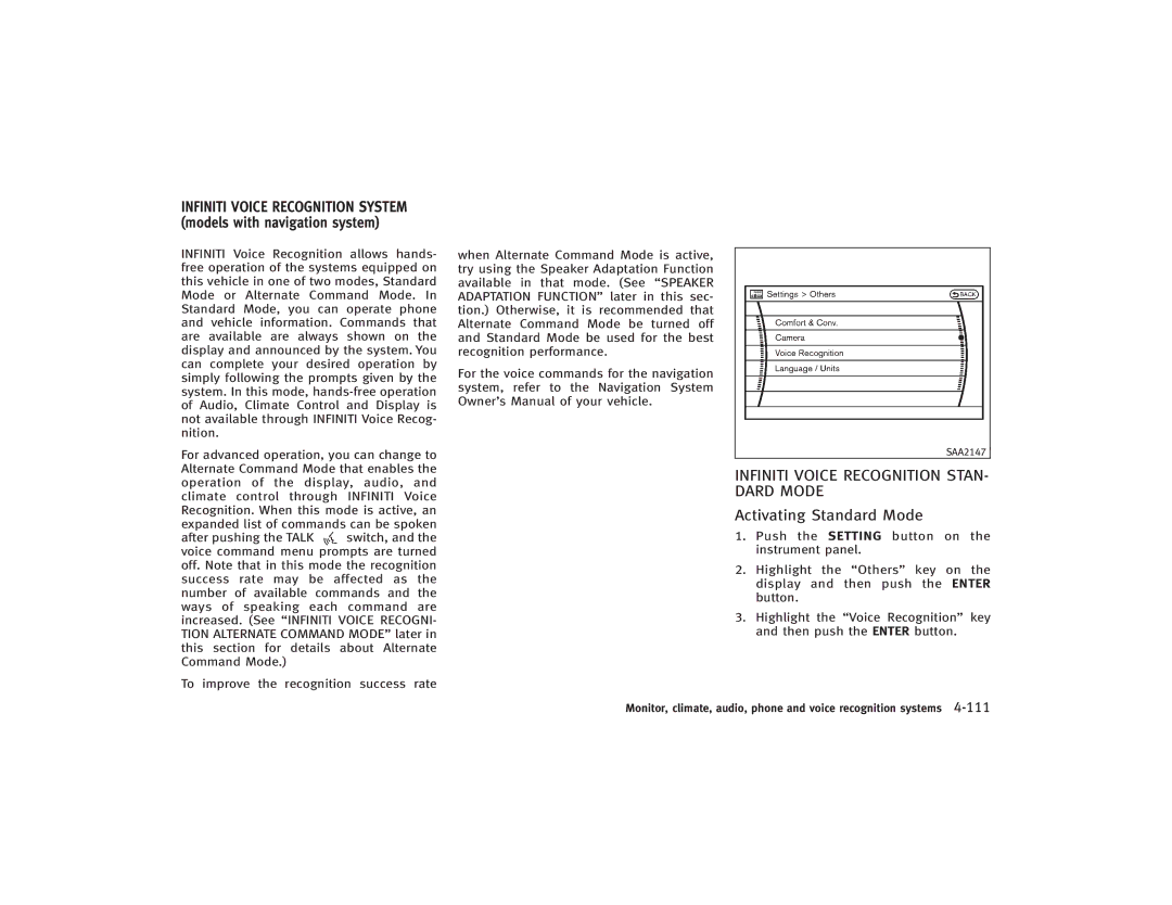 Infiniti S51-D owner manual Infiniti Voice Recognition Stan Dard Mode, Activating Standard Mode 