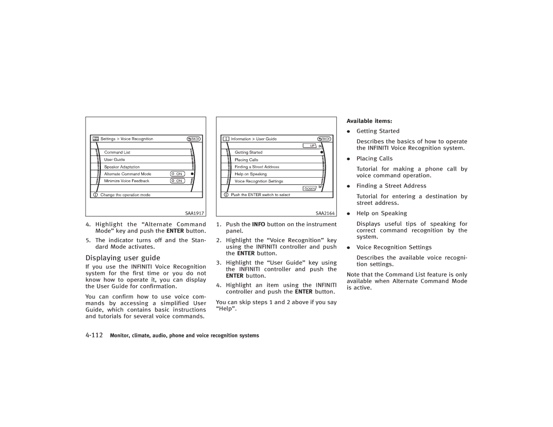 Infiniti S51-D owner manual Displaying user guide, Indicator turns off and the Stan- dard Mode activates 