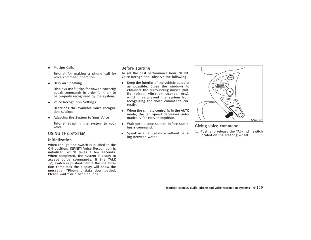 Infiniti S51-D owner manual Before starting, Giving voice command 