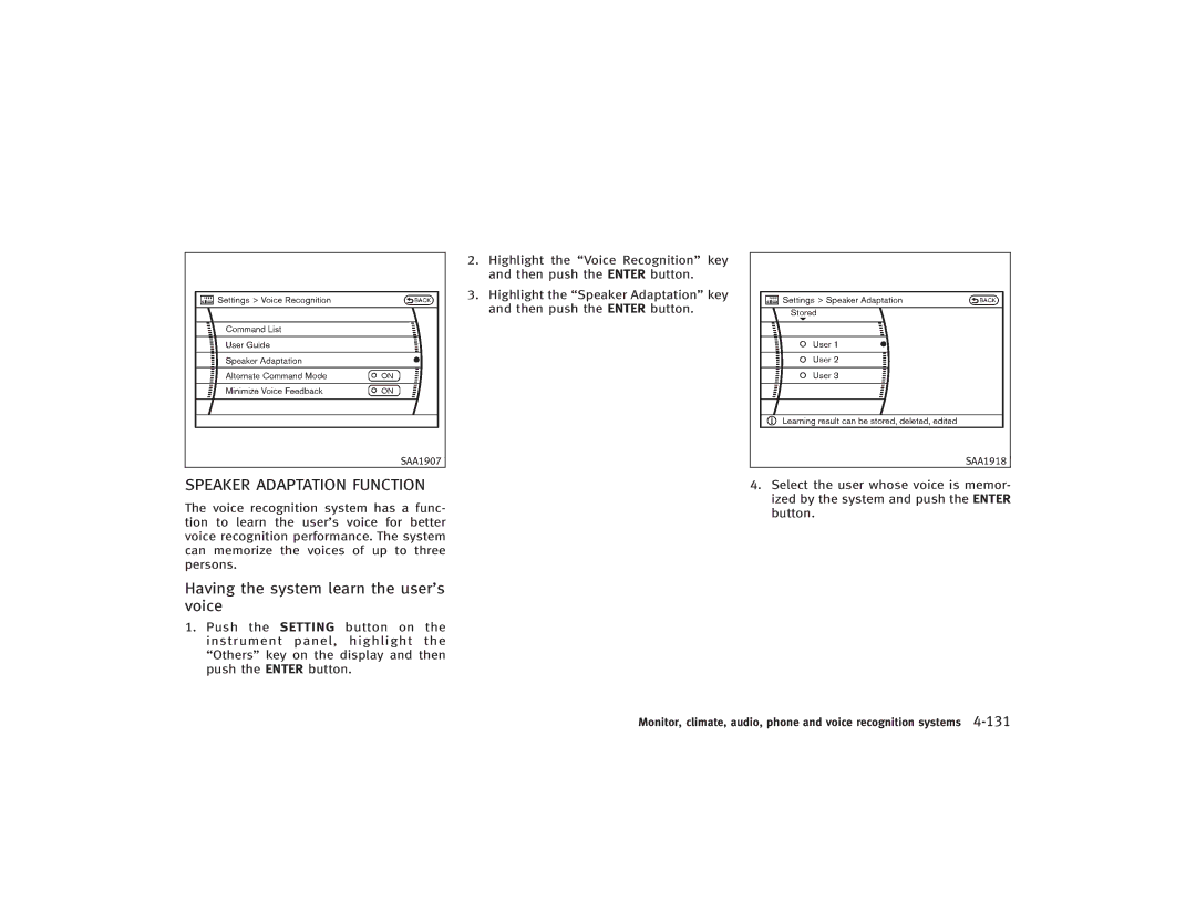 Infiniti S51-D owner manual Speaker Adaptation Function, Having the system learn the user’s voice 