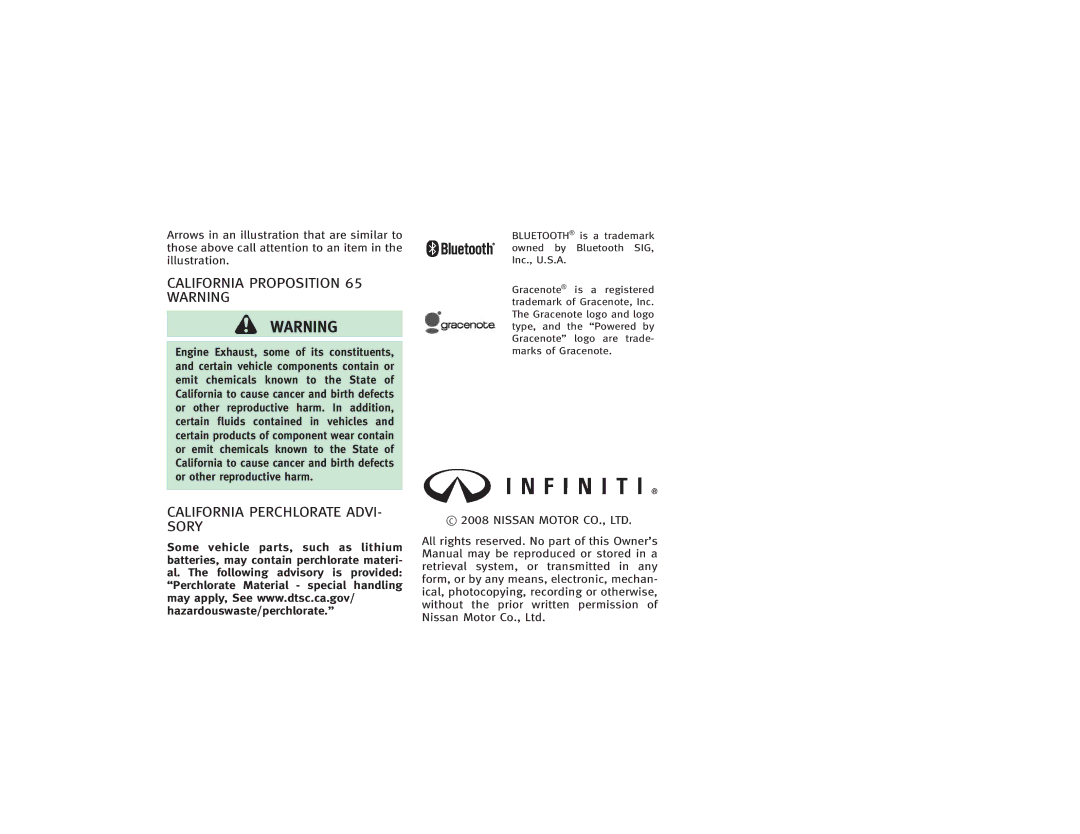 Infiniti S51-D owner manual California Proposition 65 Warning, California Perchlorate ADVI- Sory 