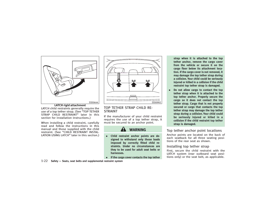 Infiniti S51-D TOP Tether Strap Child RE- Straint, Top tether anchor point locations, Installing top tether strap 