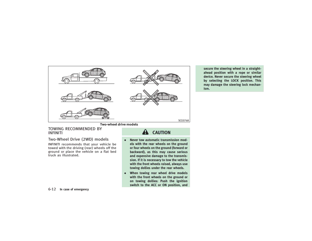 Infiniti S51-D owner manual Towing Recommended by Infiniti, Two-Wheel Drive 2WD models, Two-wheel drive models 