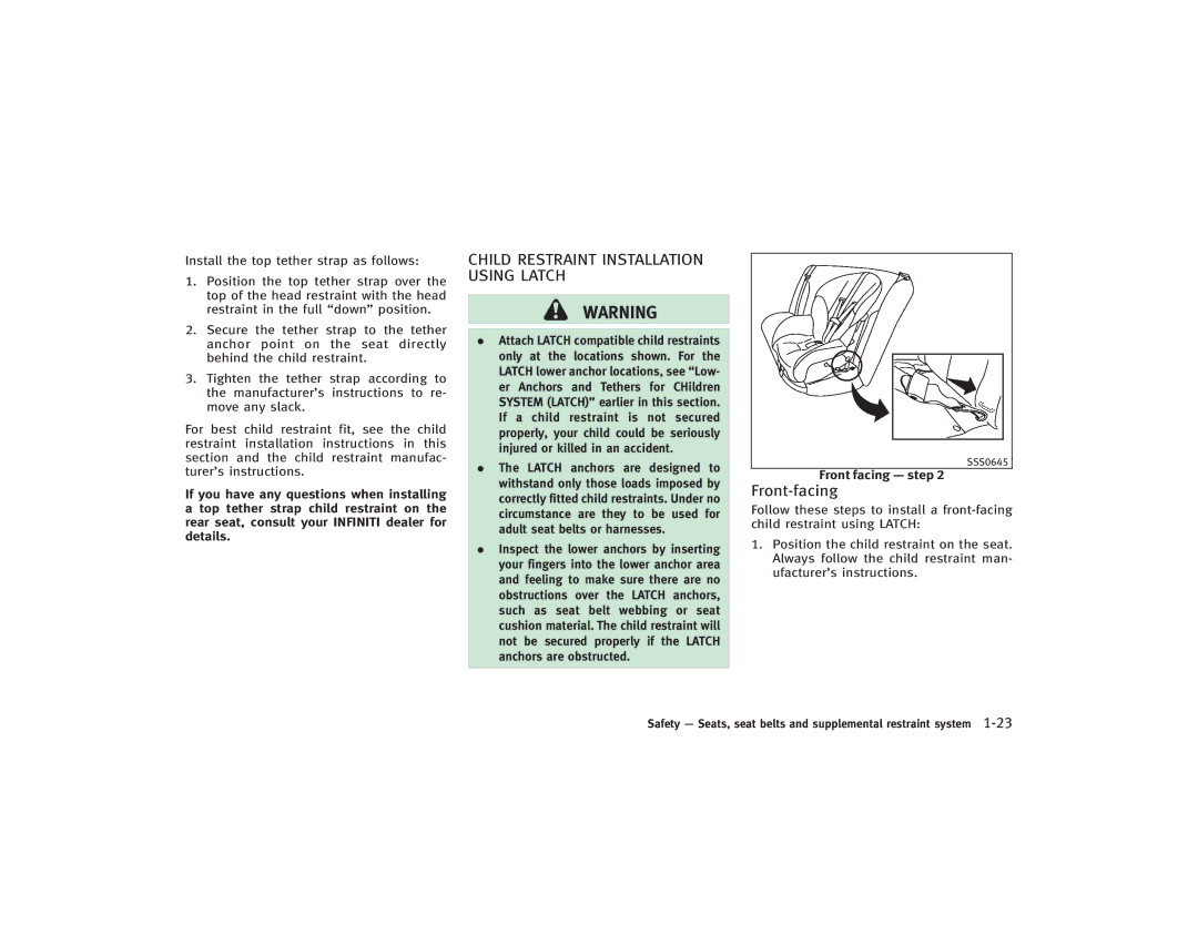 Infiniti S51-D owner manual Child Restraint Installation Using Latch, Front-facing, Front facing step 