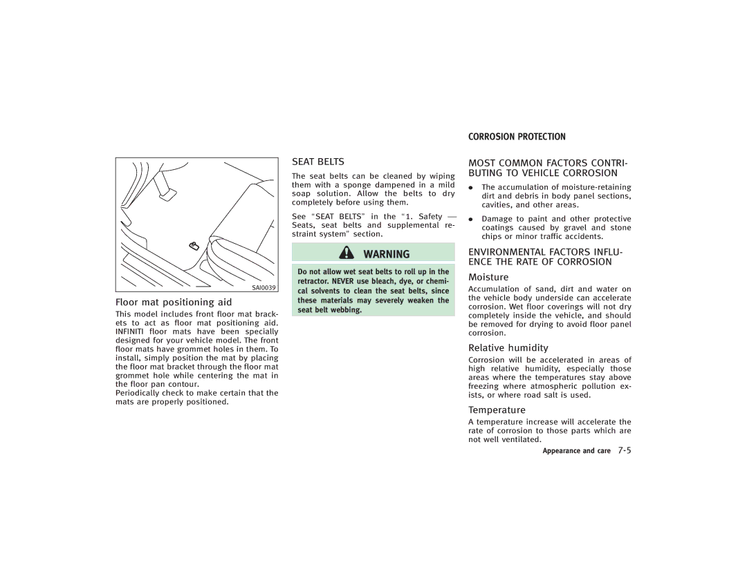 Infiniti S51-D owner manual Floor mat positioning aid, Seat Belts, Moisture, Relative humidity, Temperature 