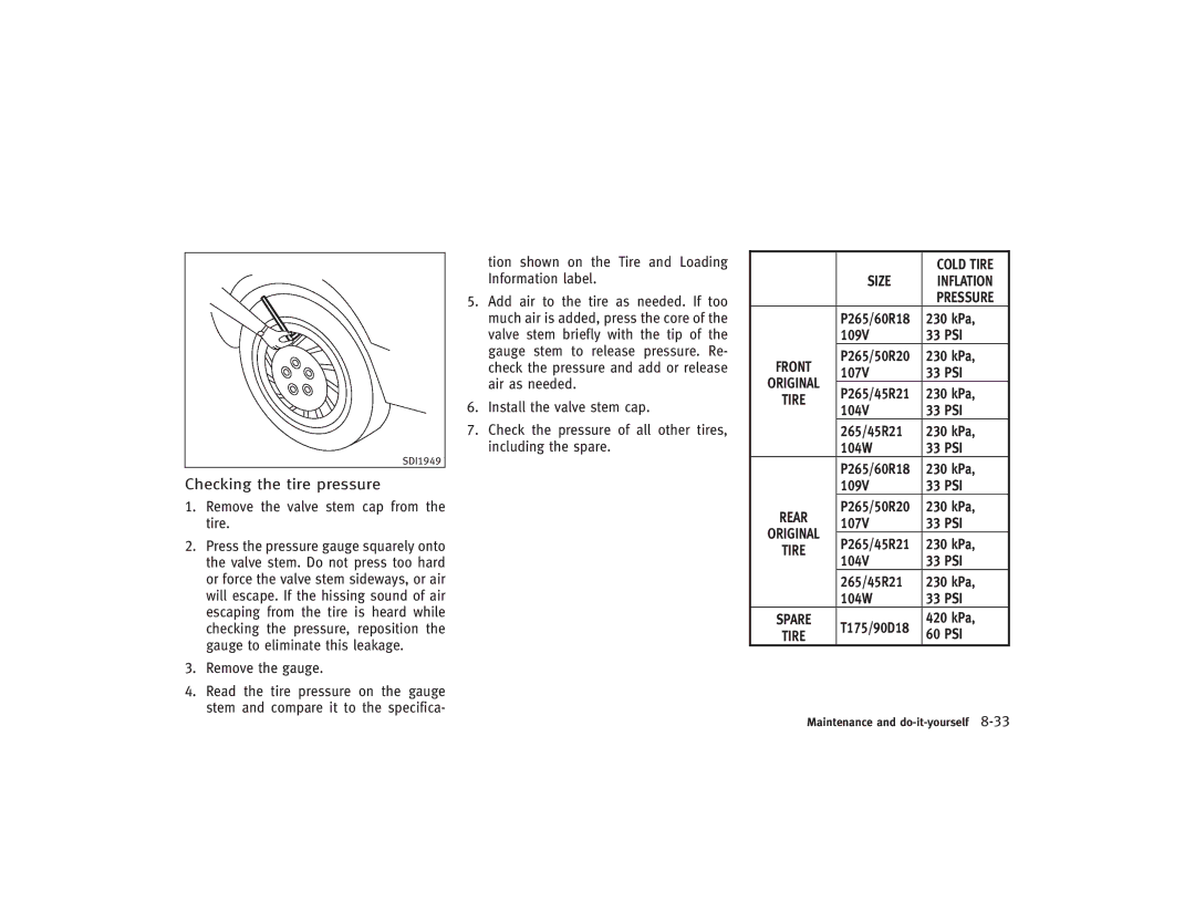 Infiniti S51-D owner manual Checking the tire pressure, Size Inflation Pressure 