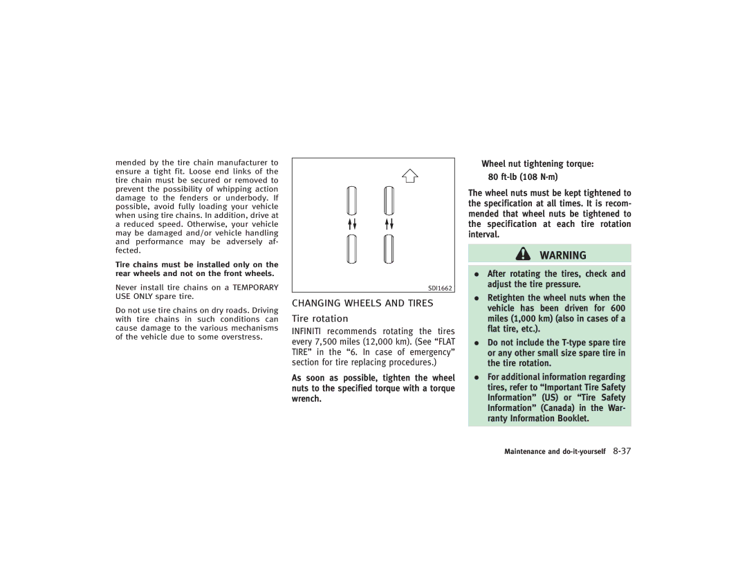 Infiniti S51-D owner manual Changing Wheels and Tires, Tire rotation 