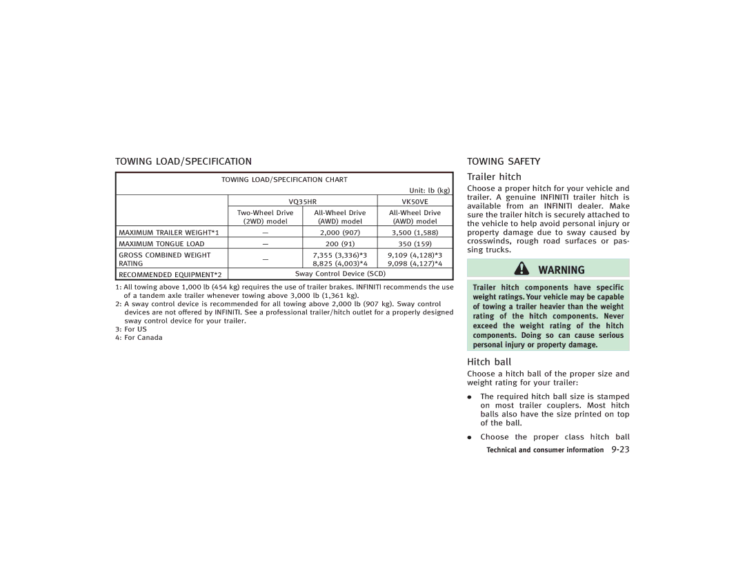 Infiniti S51-D owner manual Towing LOAD/SPECIFICATION, Towing Safety, Trailer hitch, Hitch ball 