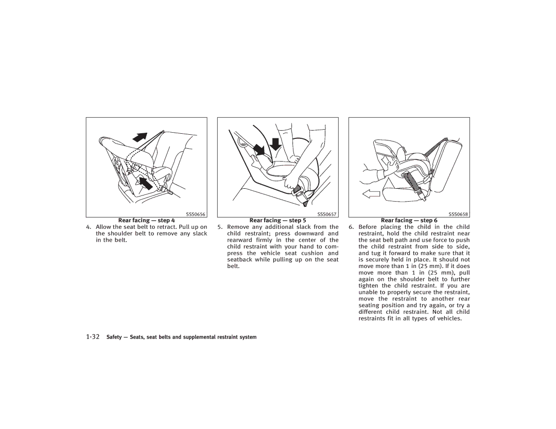 Infiniti S51-D owner manual 32Safety Seats, seat belts and supplemental restraint system 