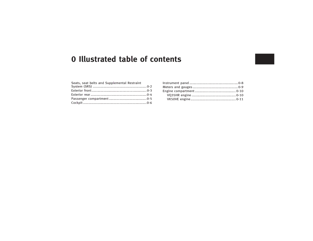 Infiniti S51-D owner manual Illustrated table of contents 