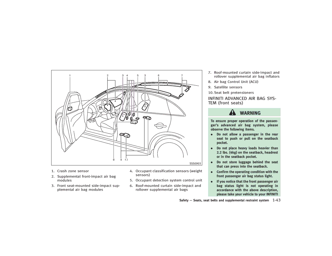 Infiniti S51-D owner manual Infiniti Advanced AIR BAG SYS- TEM front seats 