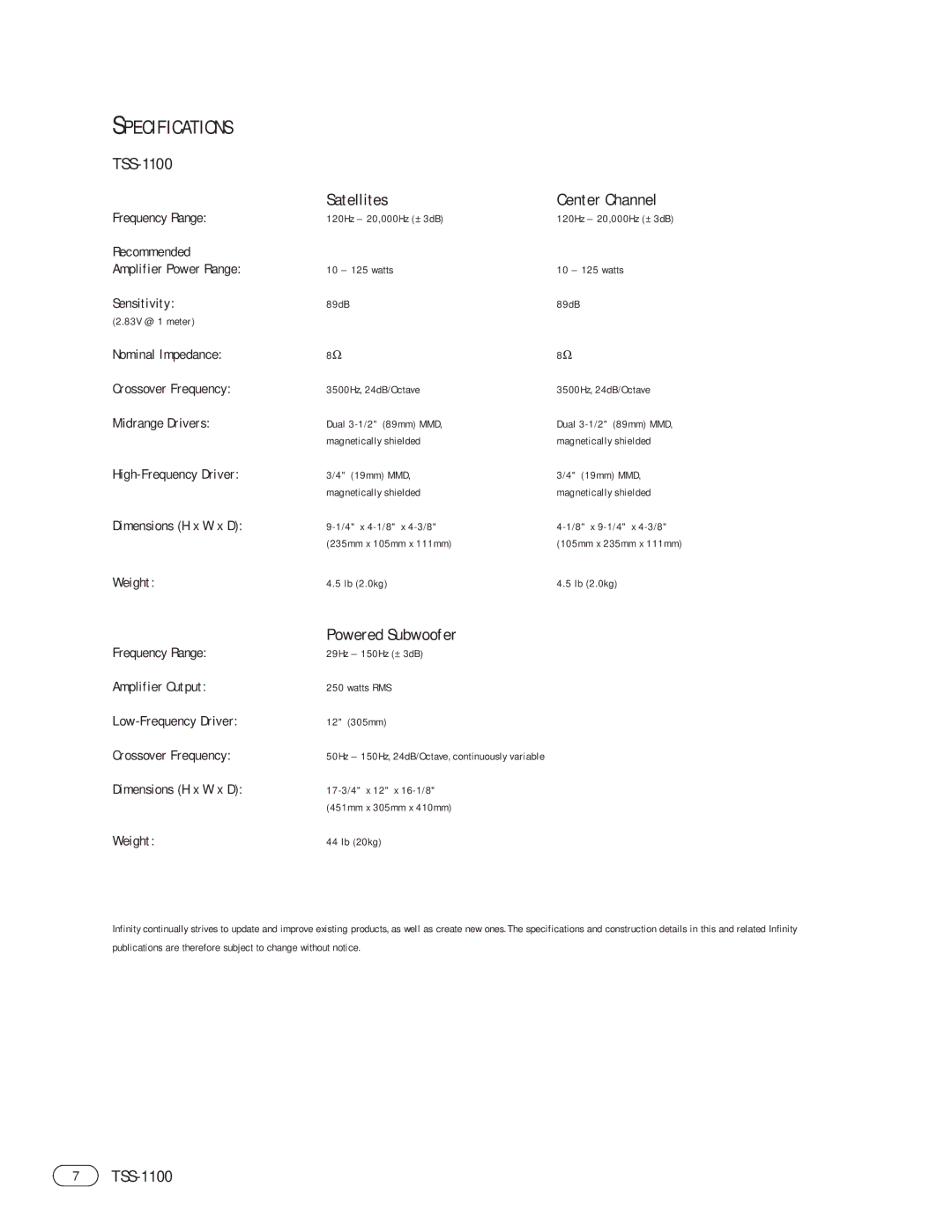 Infiniti TSS-1100 manual Specifications, Satellites Center Channel, Powered Subwoofer 