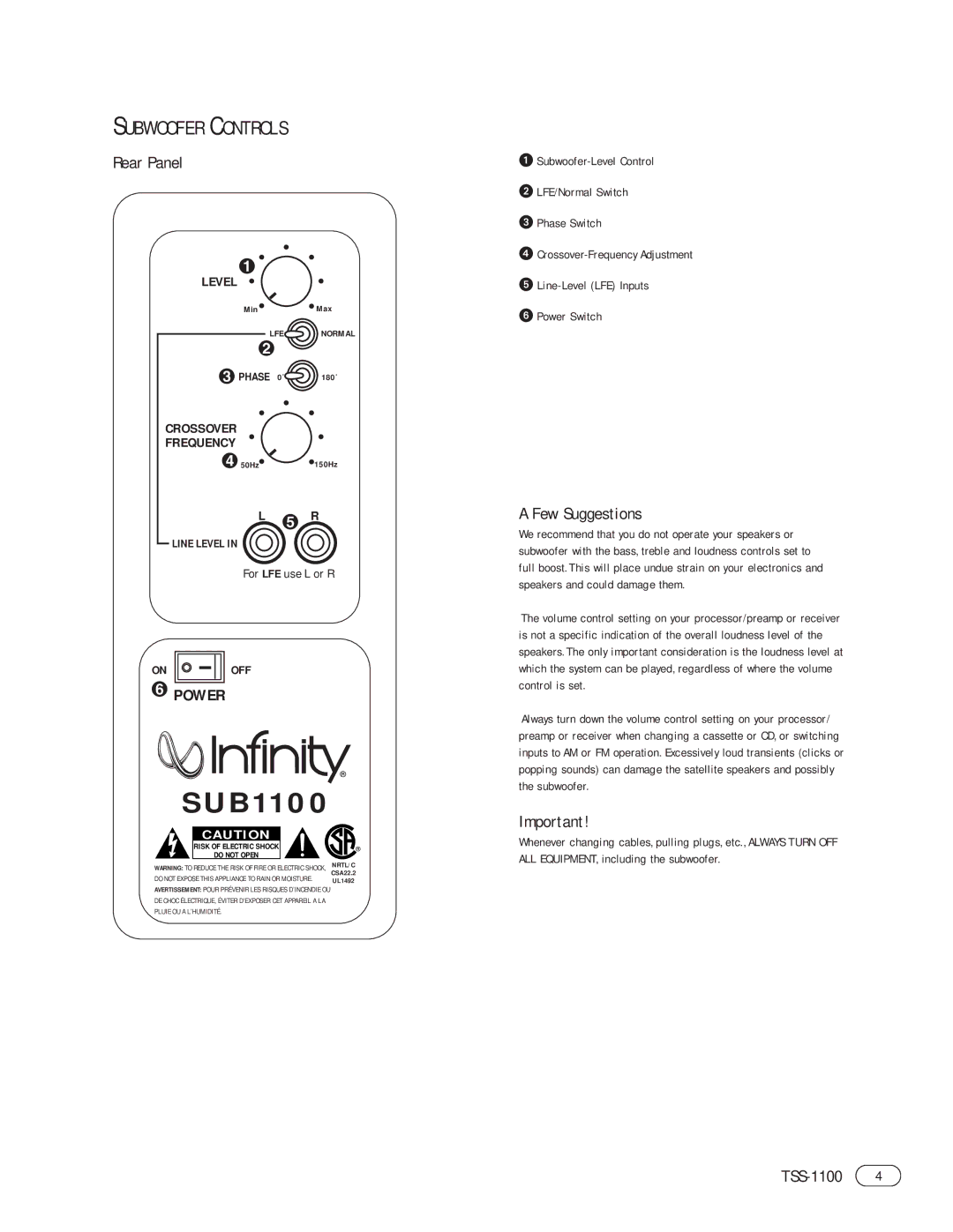 Infiniti TSS-1100 manual Subwoofer Controls, Rear Panel, Few Suggestions 