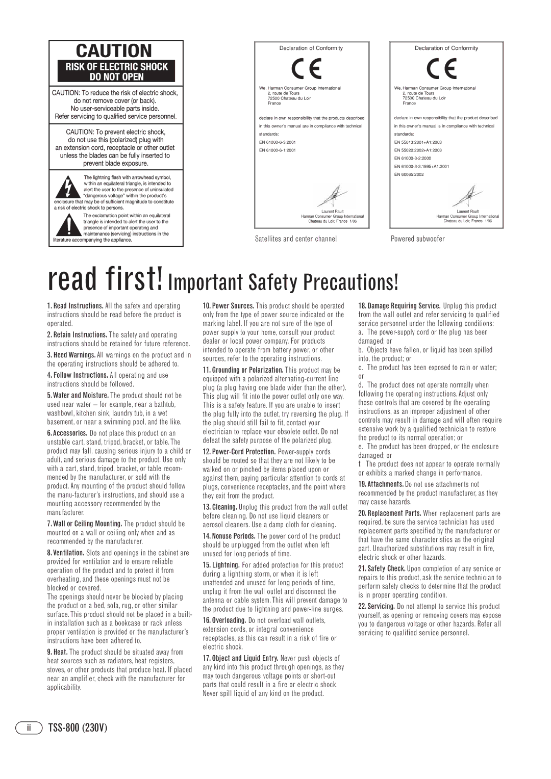 Infiniti Infinity Total Speaker Solutions manual Ii TSS-800, Declaration of Conformity 