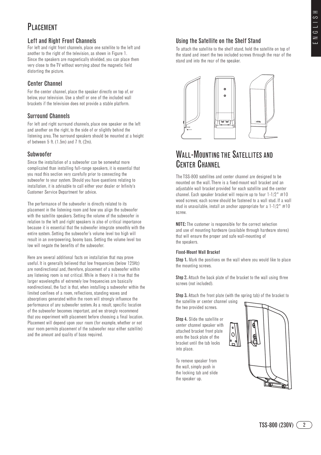 Infiniti Infinity Total Speaker Solutions, TSS-800 manual Placement, Center Channel 