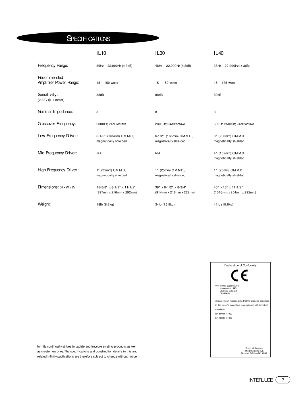 Infinity 108IL40C, 108IL30B, 108IL10C, 108IL10B, 108IL40B, 108IL30C manual Specifications, IL10 IL30 IL40 