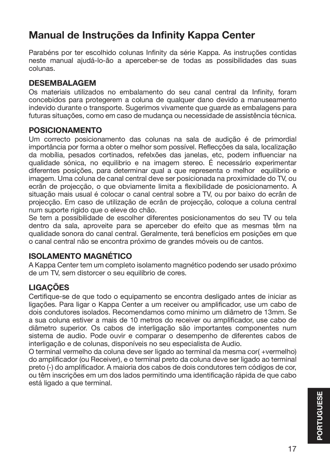 Infinity 10926 Manual de Instruções da Infinity Kappa Center, Desembalagem, Posicionamento, Isolamento Magnético, Ligações 