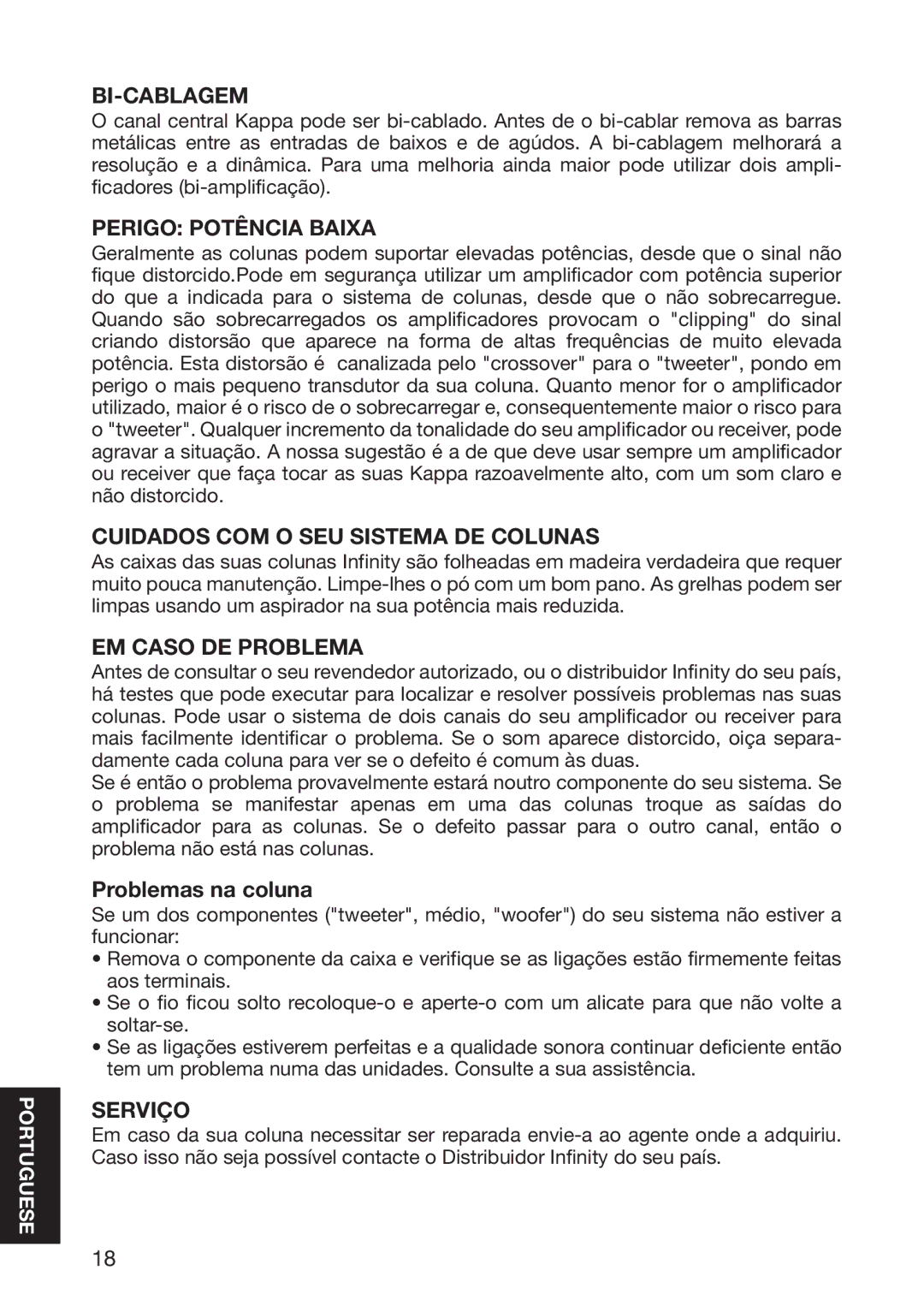 Infinity 10926 Bi-Cablagem, Perigo Potência Baixa, Cuidados COM O SEU Sistema DE Colunas, EM Caso DE Problema, Serviço 