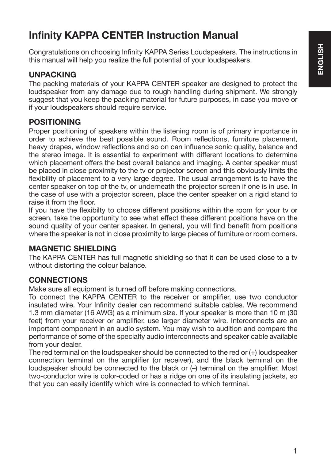 Infinity 10926 instruction manual Unpacking, Positioning, Magnetic Shielding, Connections 